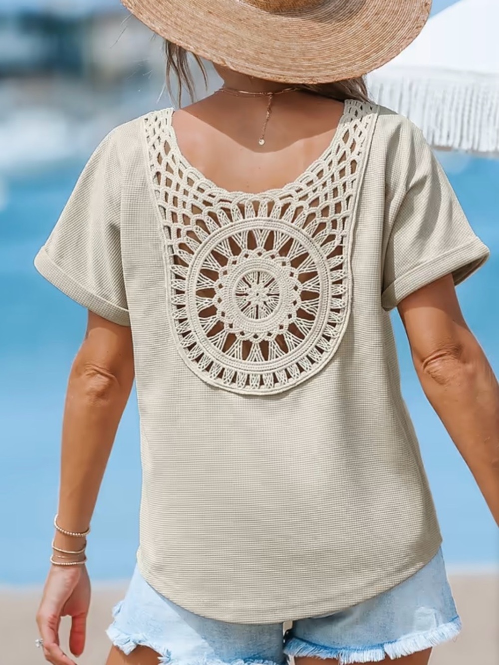 Cupshe Taupe Knit Short Sleeve Crochet Back V-Neck Top Tee